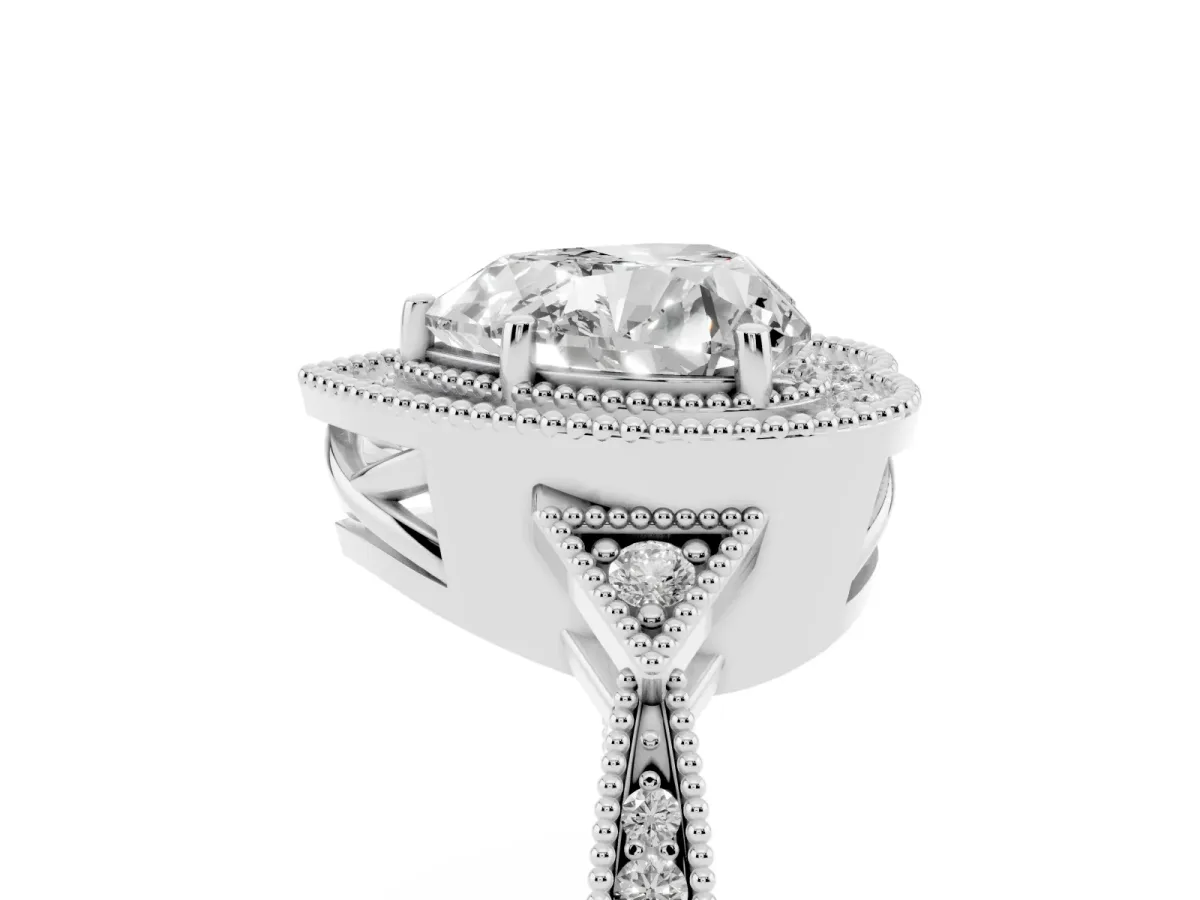 Heart Cut Halo Round Diamond Milgrain Pave Engagement Ring Silver