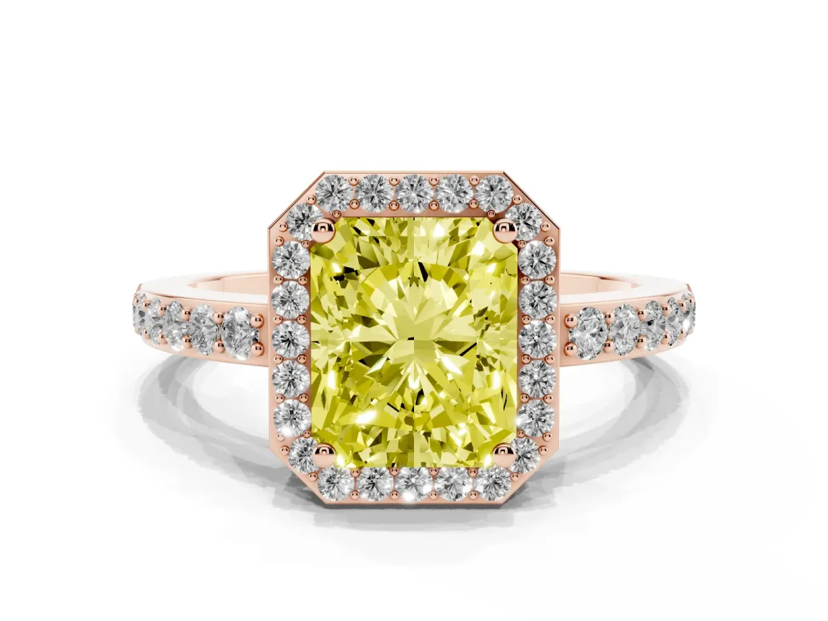 Fancy Yellow Radiant Cut Halo Diamond Pavé Band Ring with Prong Setting Rose gold