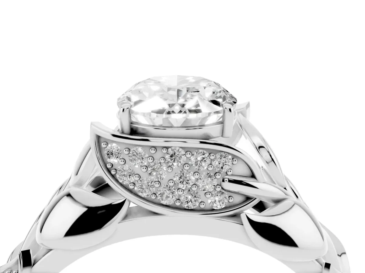 Oval Cut Diamond Leaf-Inspired Engagement Ring with Round Accents and Prong Setting Silver