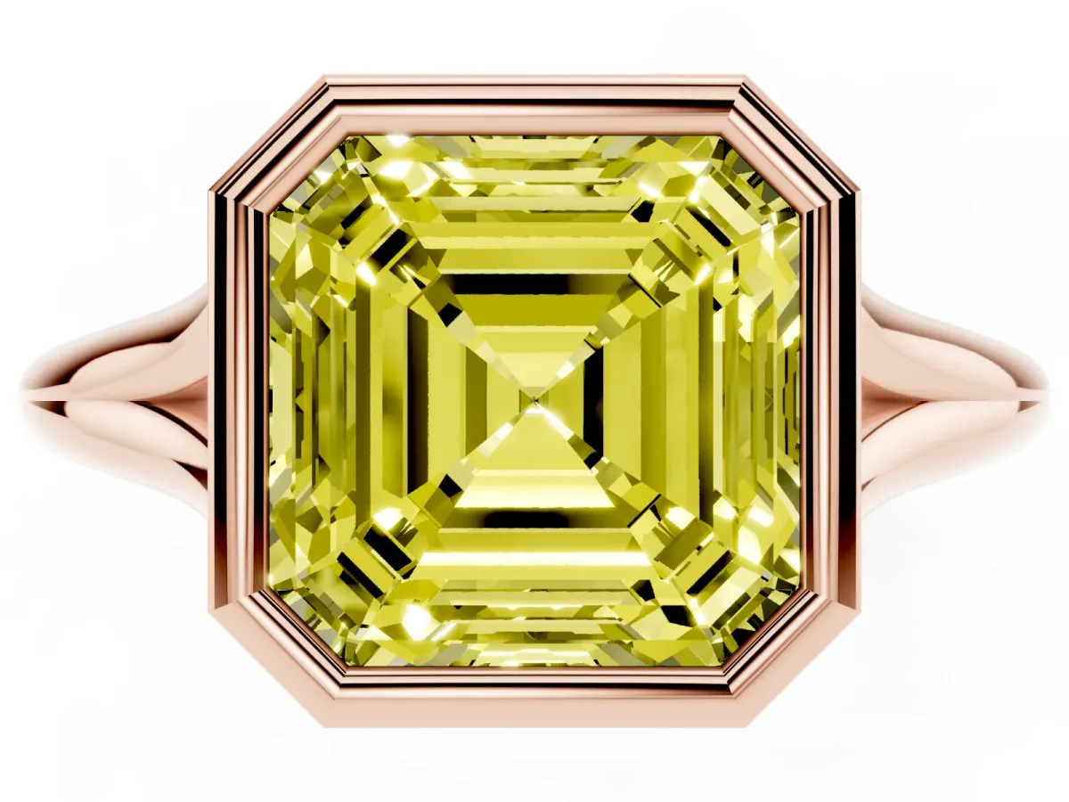 Fancy Yellow Bezel Set Asscher Cut Cut Solitaire Ring with Tapered Band Rose gold