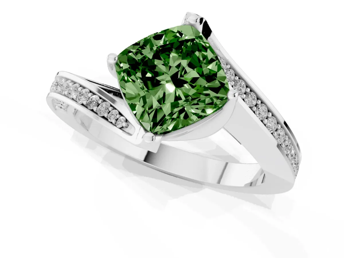 Fancy Green Cushion Cut Solitaire Diamond Twist Band with Pavé Setting and Four-Prong Setting Silver