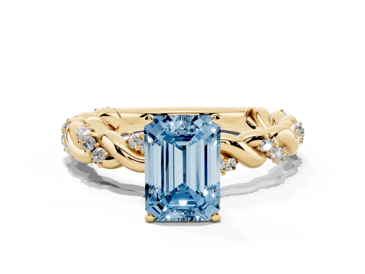 Fancy Blue Emerald Cut Diamond Solitaire Ring with Twisted Band and Pavé Accents Yellow gold