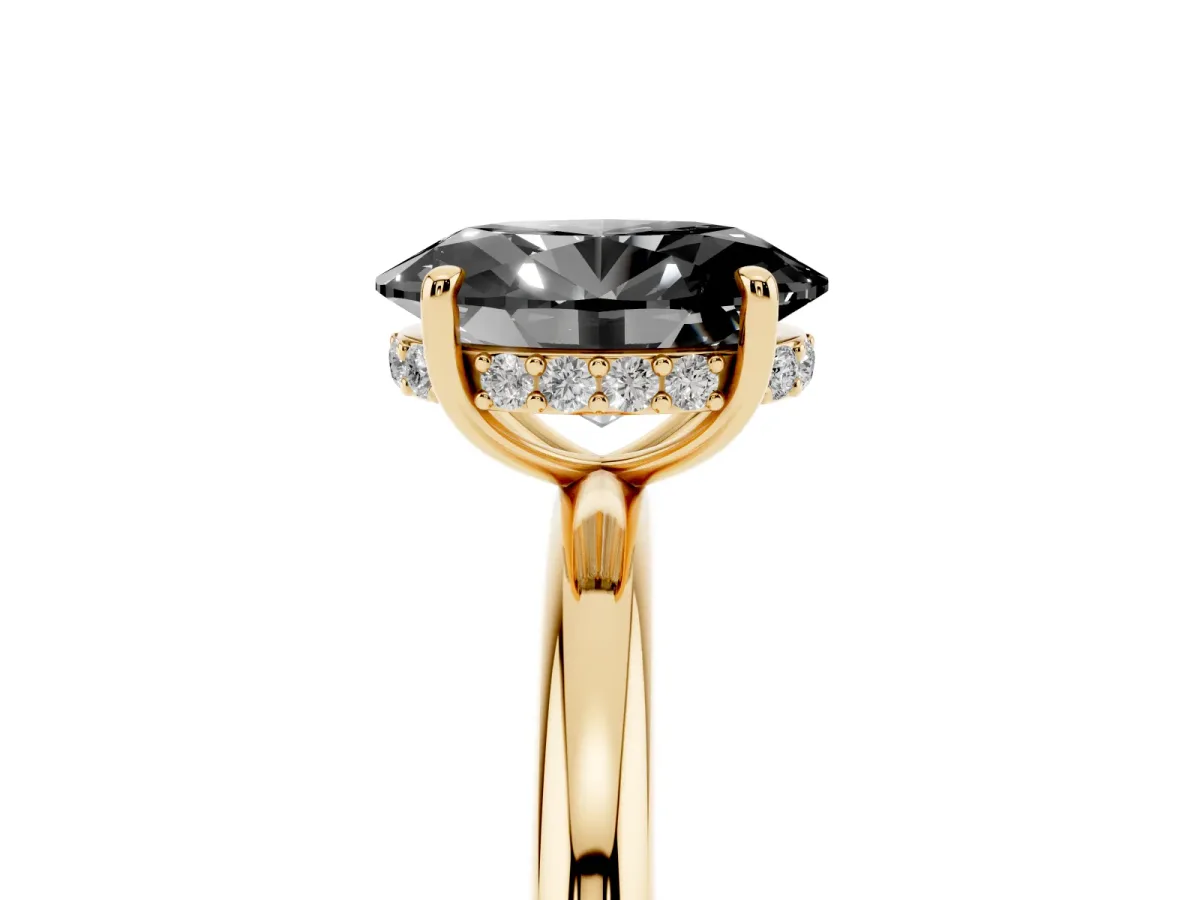 Fancy Black Oval Cut Diamond Solitaire Ring with Thin Band and Four-Prong Setting Yellow gold
