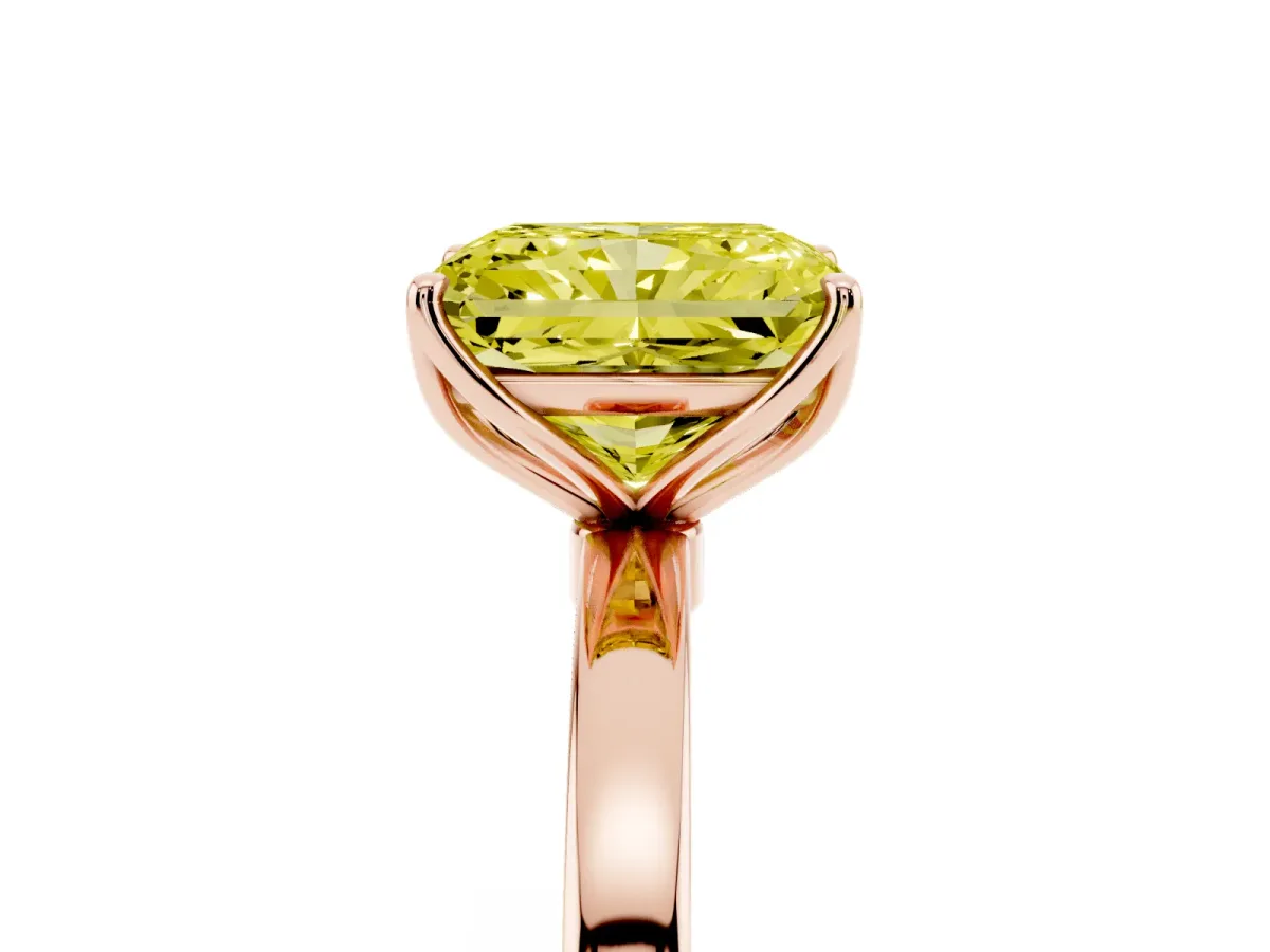 Fancy Yellow Radiant Cut Diamond Solitaire Ring with Thin Band and Prong Setting Rose gold