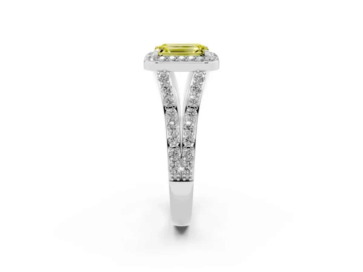 Fancy Yellow Emerald Cut Diamond Split Shank Halo Ring with Four-Prong Setting Silver