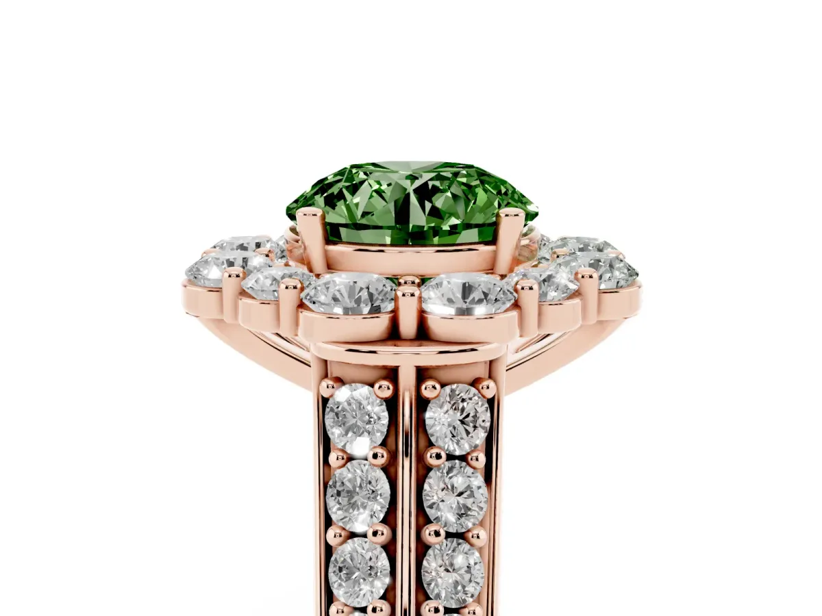 Fancy Green Round Cut Halo Diamond Engagement Ring with Split Shank and Prong Setting Rose gold