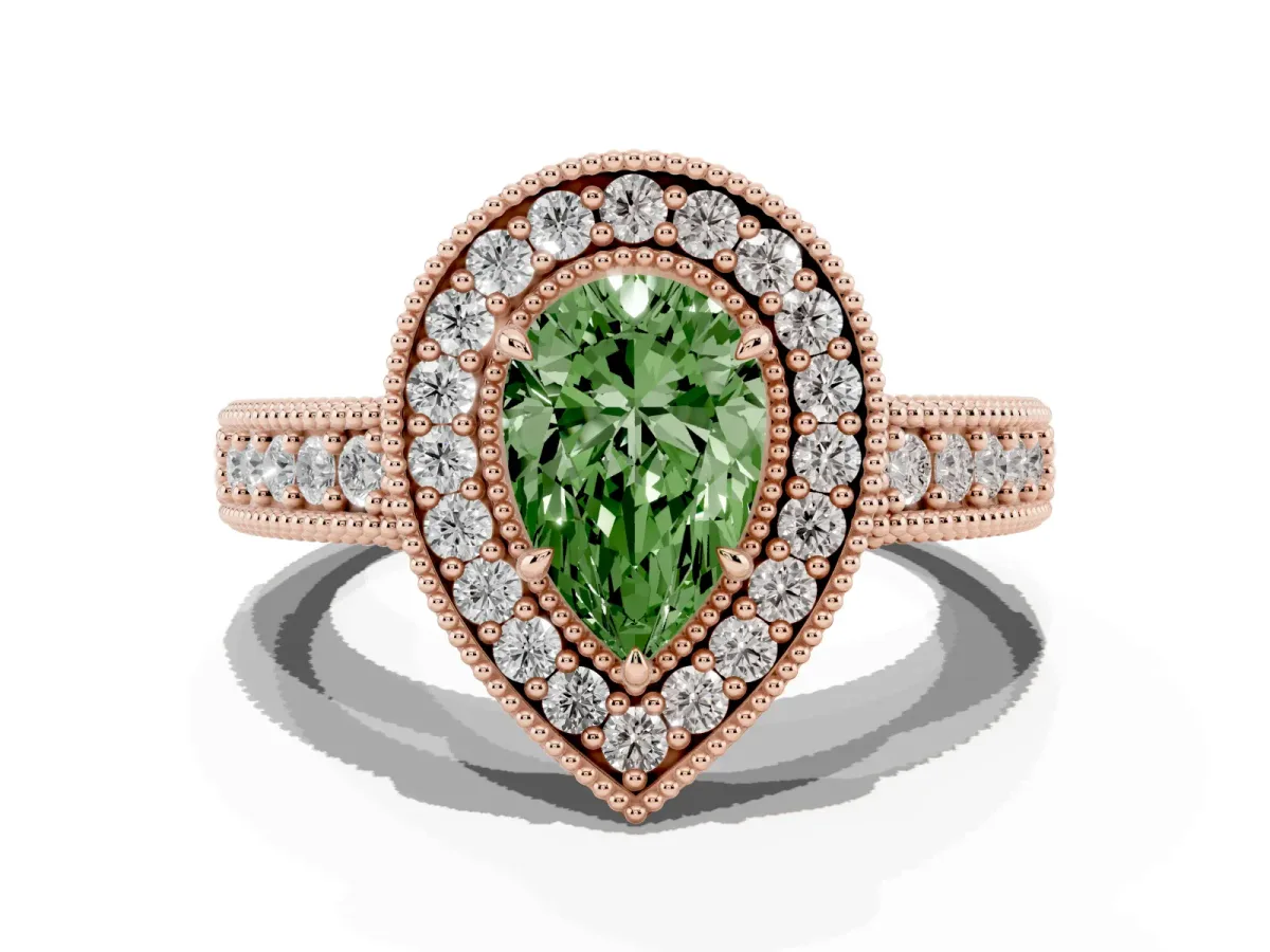 Fancy Green Pear Cut Cut Halo Diamond Ring with Pavé Band and Four-Prong Setting Rose gold