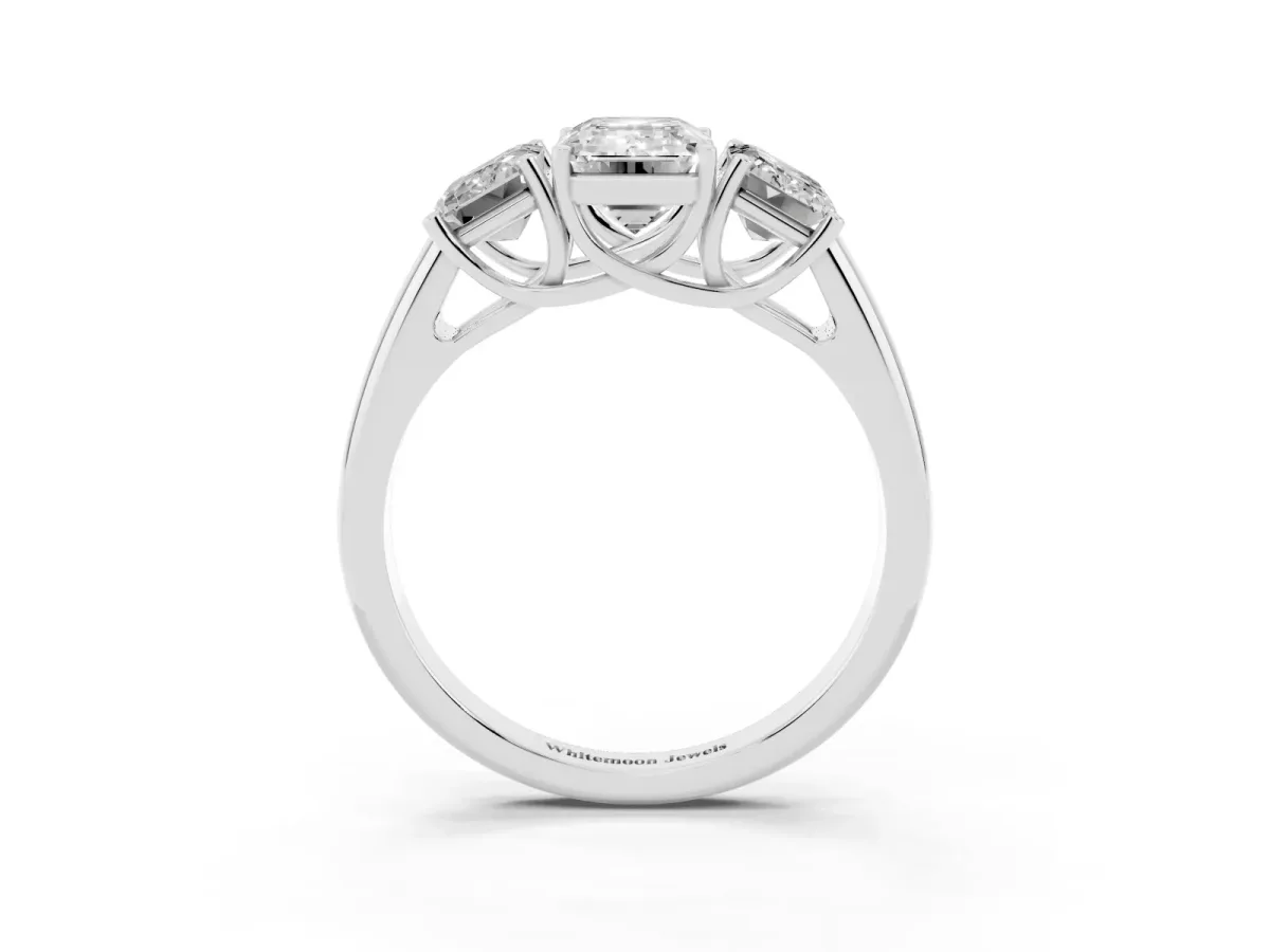 Three-Stone Emerald Cut Diamond Engagement Ring with Prong Setting Platinum