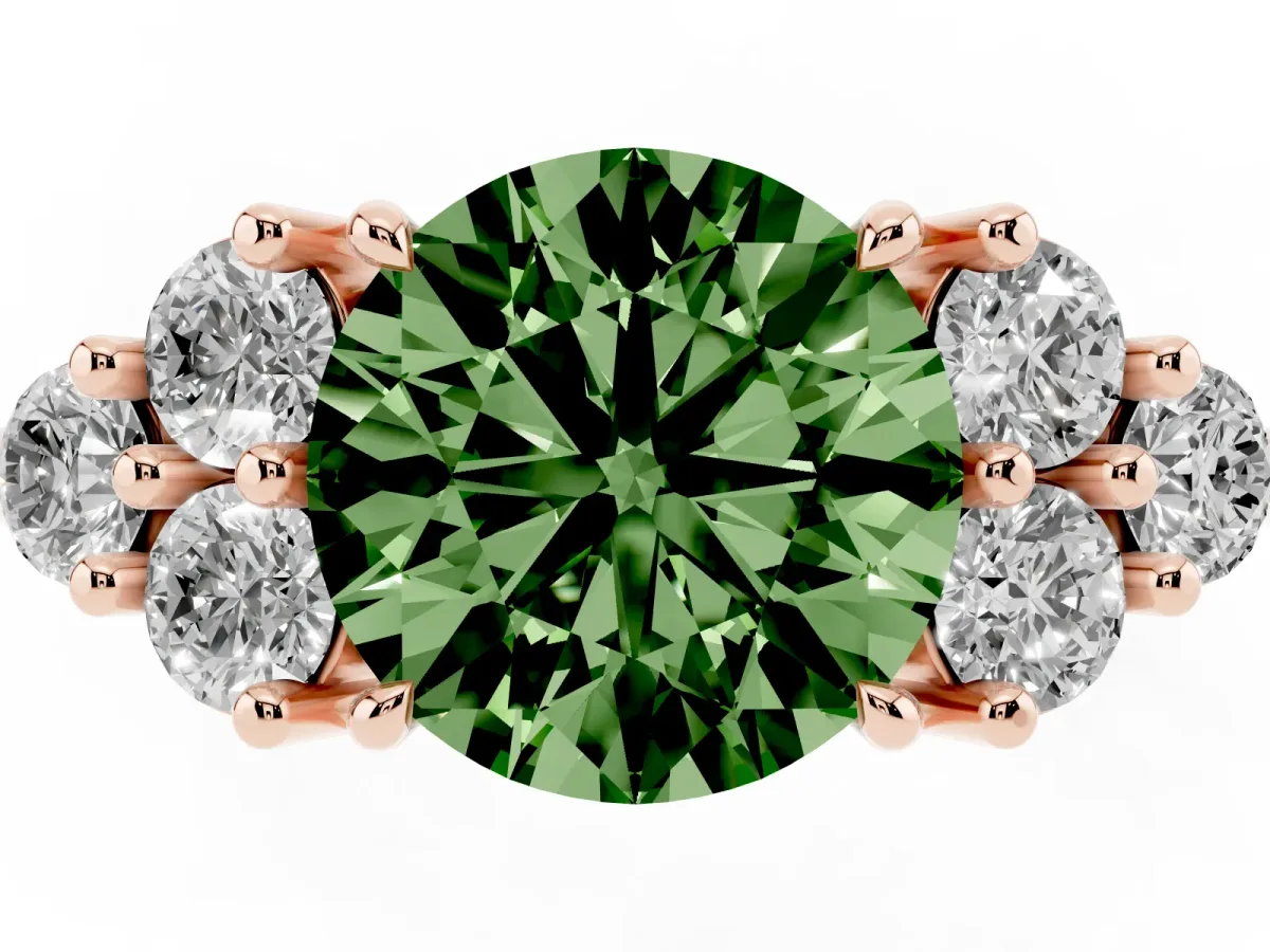 Fancy Green Round Cut Brilliant Diamond Cluster Accent Solitaire Ring with Prong Setting Rose gold