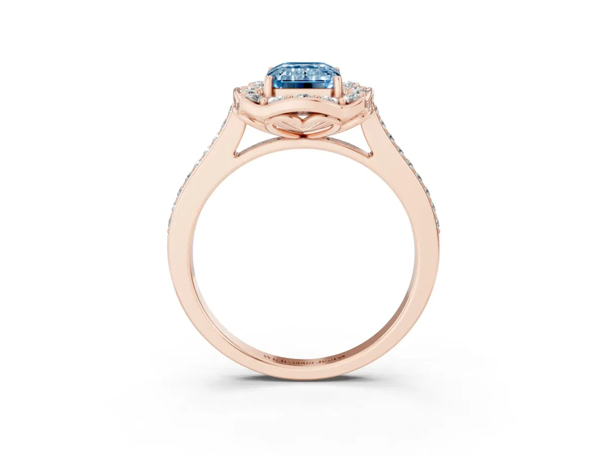Fancy Blue Emerald Cut Halo Round Diamond Pave Band with Four-Prong Setting Rose gold