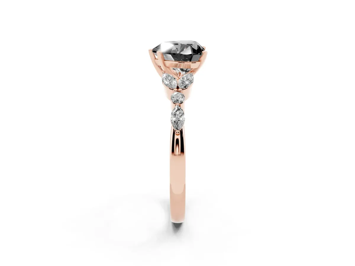 Fancy Black Heart Cut Diamond Solitaire Ring with Side Stones and Four-Prong Setting Rose gold