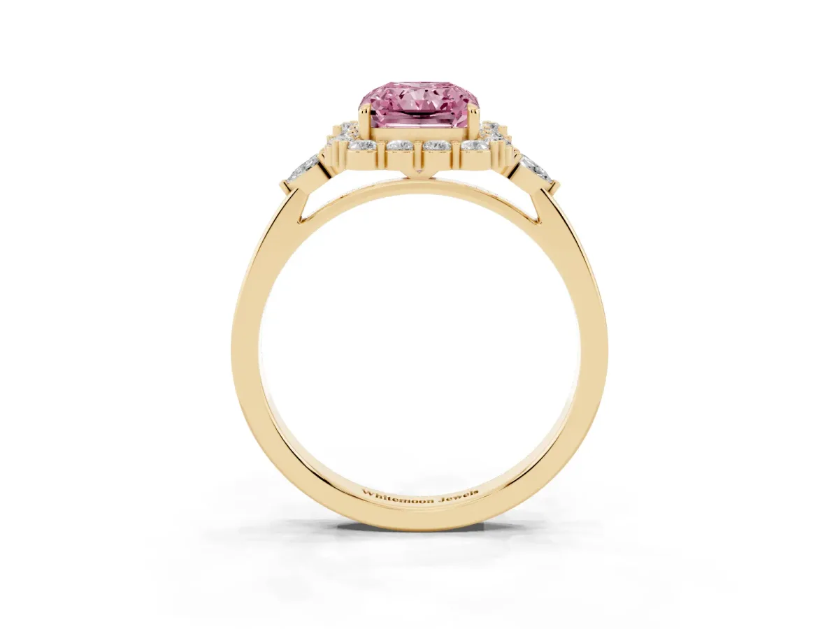 Fancy Pink Radiant Cut Diamond Halo Ring with Pear Side Stones and Prong Setting Yellow gold