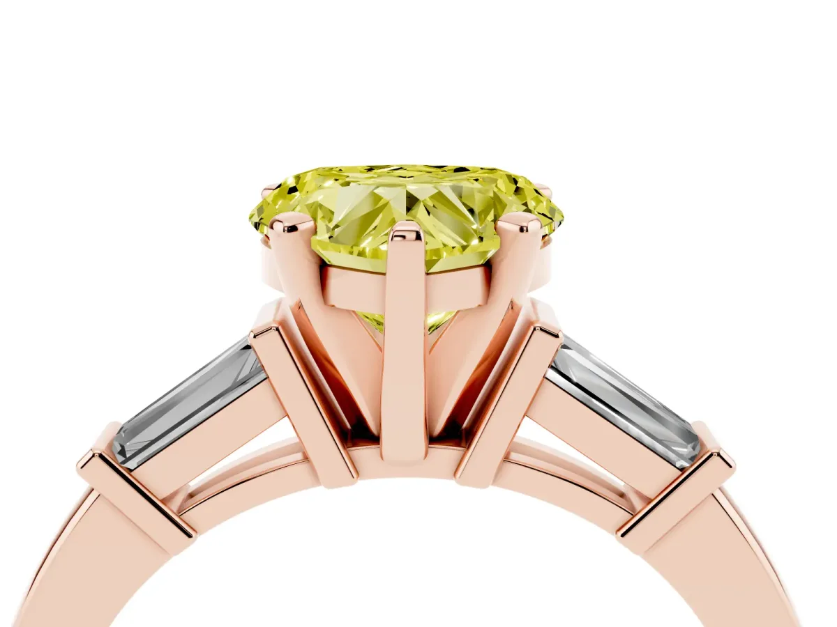Fancy Yellow Heart Cut Cut Diamond Solitaire Ring with Tapered Baguette Accents and Four-Prong Setting Rose gold