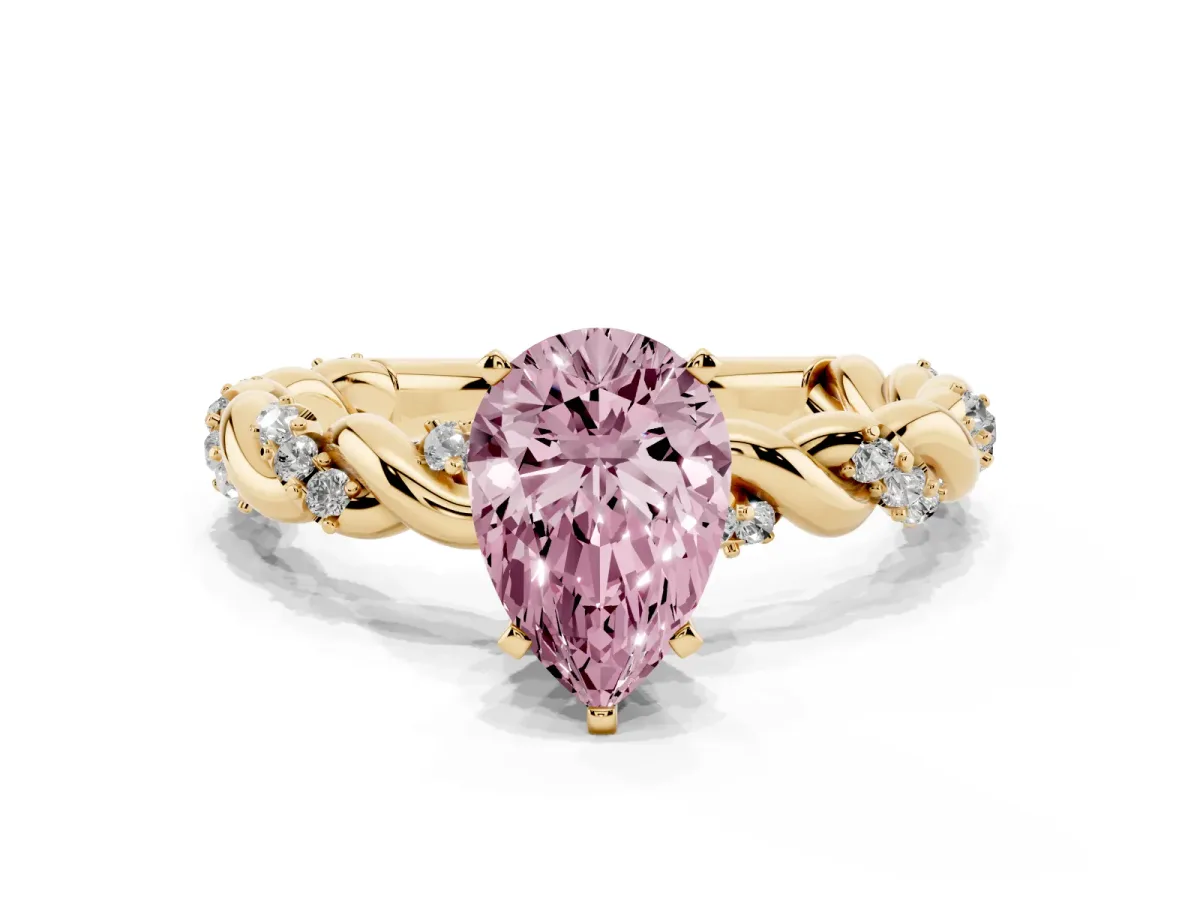Fancy Pink Pear Cut Diamond Solitaire Ring with Twisted Band and Pavé Accents Yellow gold