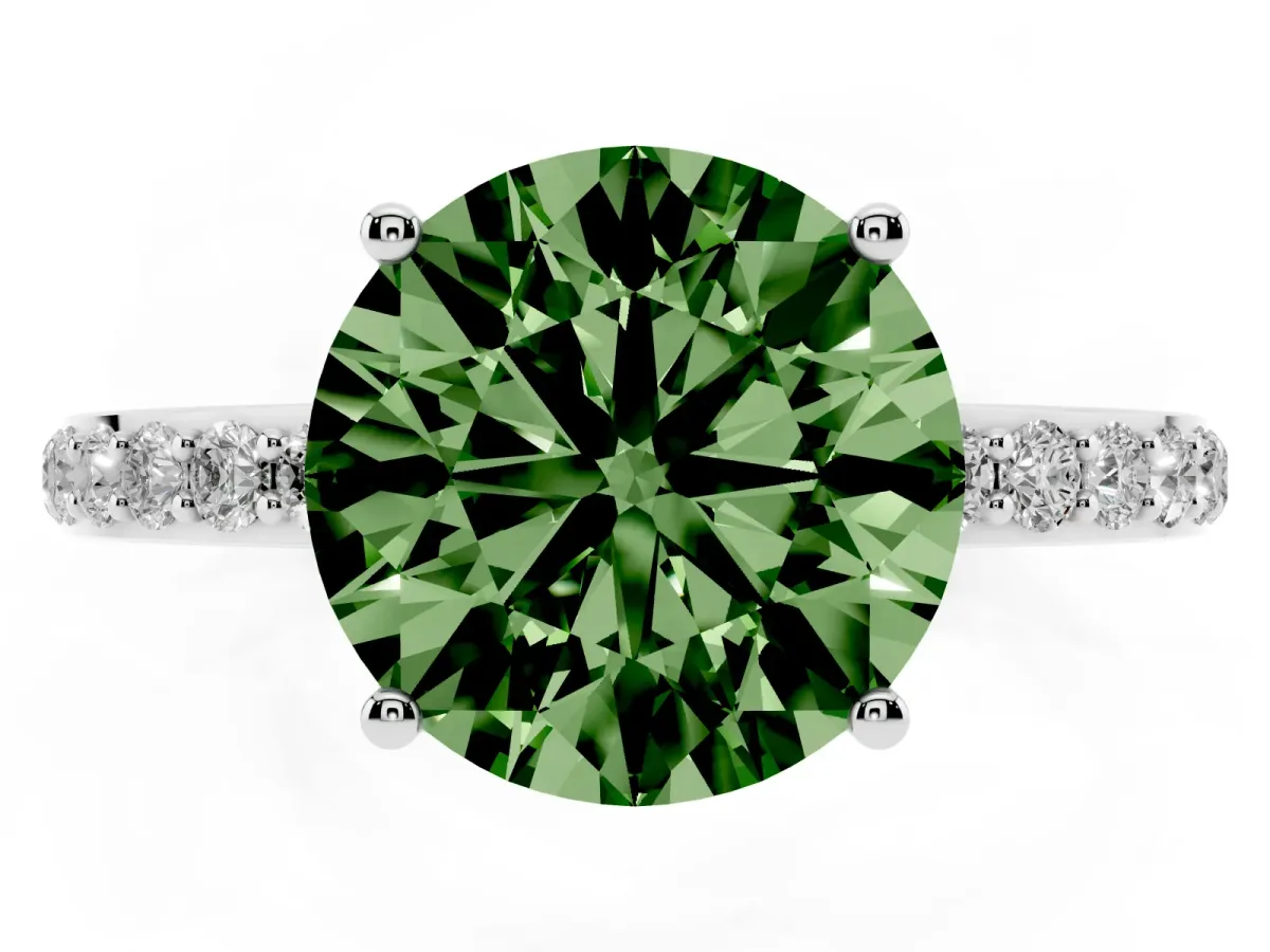 Fancy Green Round Cut Diamond Solitaire Ring with Pavé Band and Hidden Halo White gold