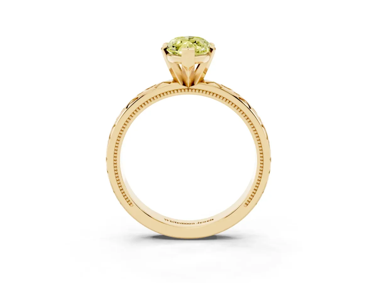 Fancy Yellow Marquise Cut Solitaire Engagement Ring with Scrollwork Band and Four-Prong Setting Yellow gold