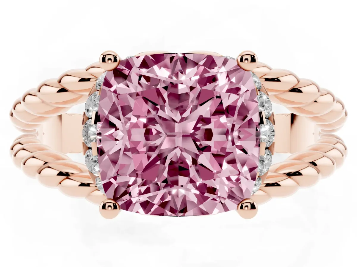 Fancy Pink Cushion Cut Halo Twisted Band Four-Prong Ring Rose gold