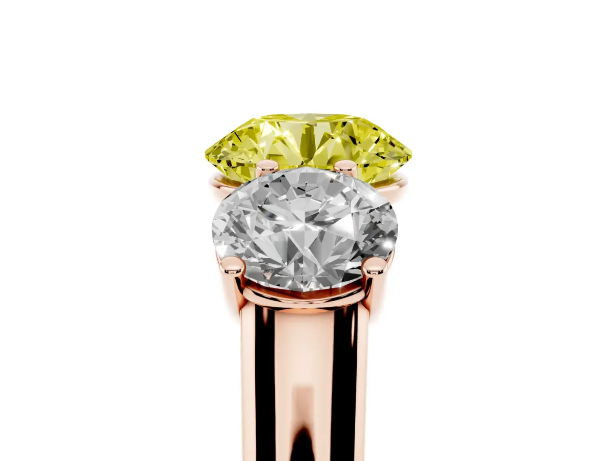 Fancy Yellow Round Cut Three-Stone Diamond Ring with Prong Setting on a Classic Band Rose gold