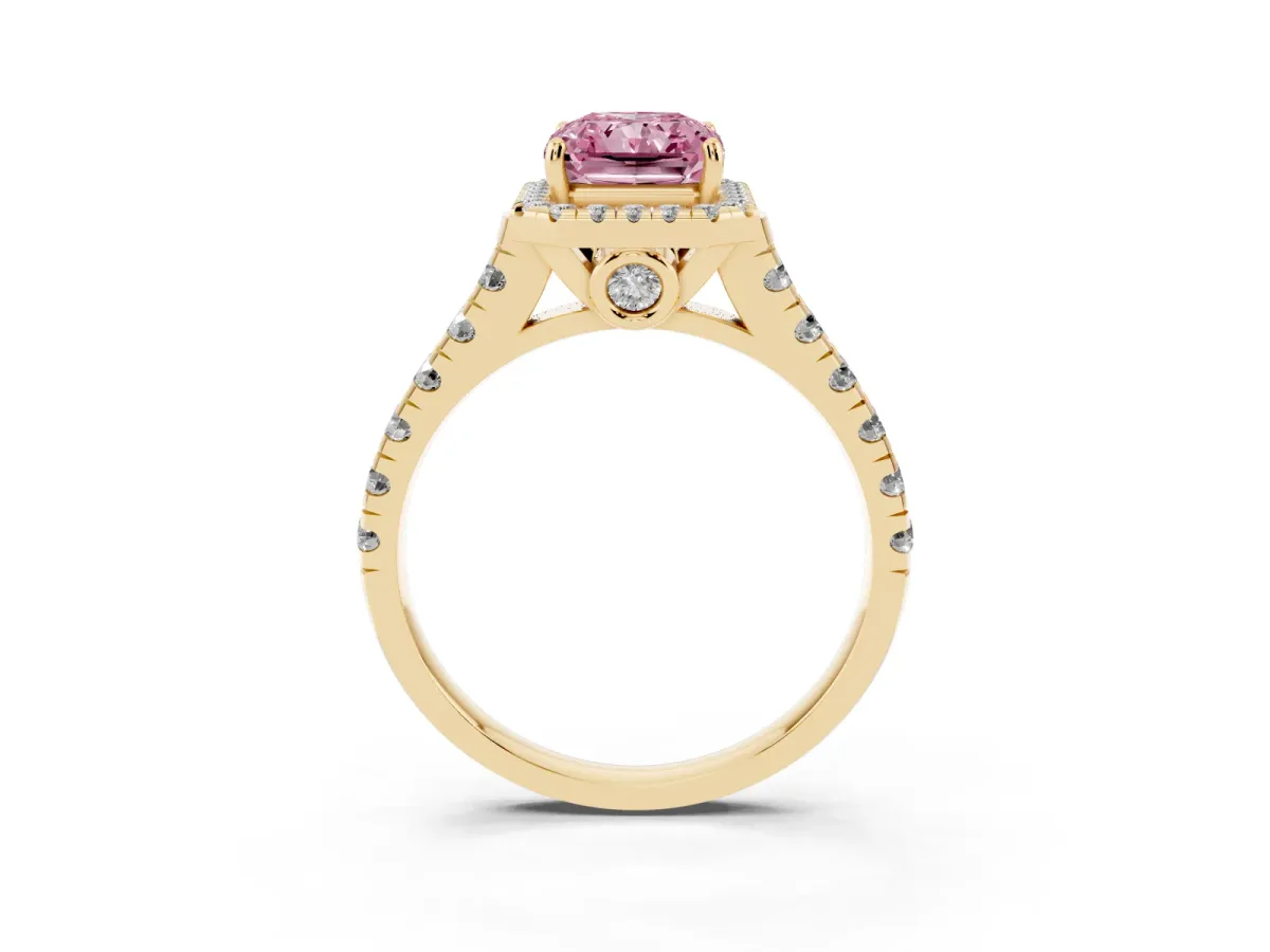 Fancy Pink Radiant Cut Halo Pavé Diamond Engagement Ring with Four-Prong Setting Yellow gold