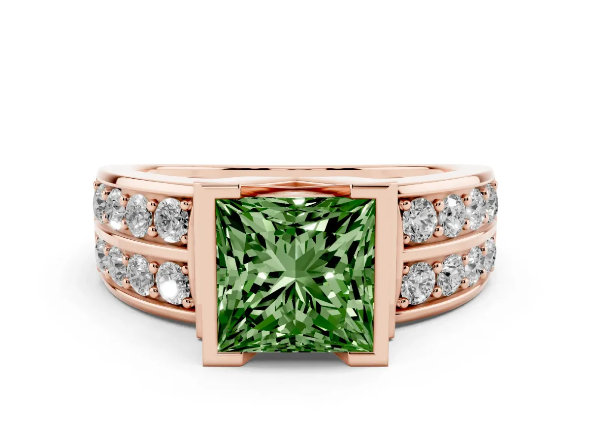 Fancy Green Princess Cut Brilliant Diamond Channel Set Wide Band Ring with Bezel Setting Rose gold