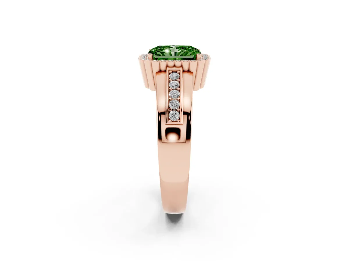 Fancy Green Radiant Cut Cut Halo Pave Band Four-Prong Ring Rose gold