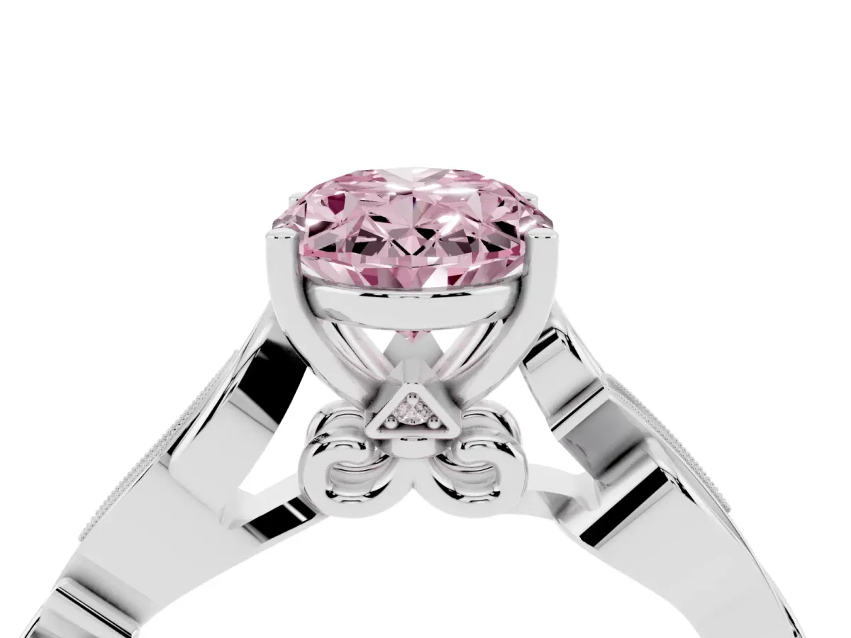 Fancy Pink Oval Cut Solitaire Vine Band with Milgrain Prong Setting Silver