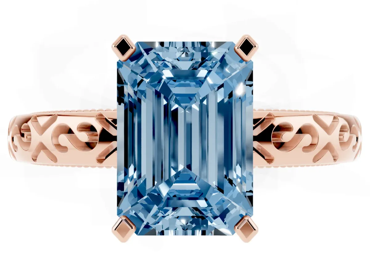 Fancy Blue Emerald Cut Solitaire Engagement Ring with Scrollwork Band and Four-Prong Setting Rose gold