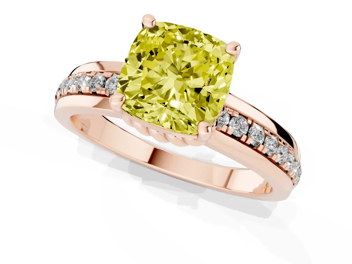Fancy Yellow Cushion Cut Solitaire Diamond Ring with Channel Set Band and Six-Prong Setting Rose gold