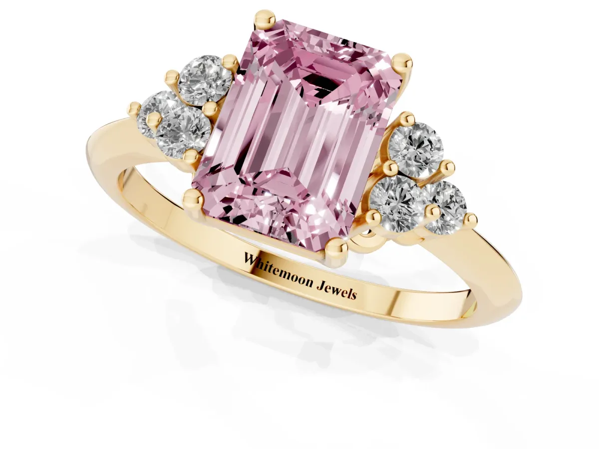 Fancy Pink Emerald Cut Cut Diamond Cluster Ring with Solitaire Band and Four-Prong Setting Yellow gold