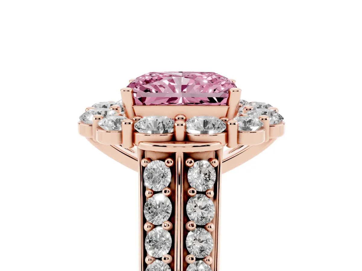 Fancy Pink Radiant Cut Halo Diamond Engagement Ring with Split Shank and Prong Setting Rose gold