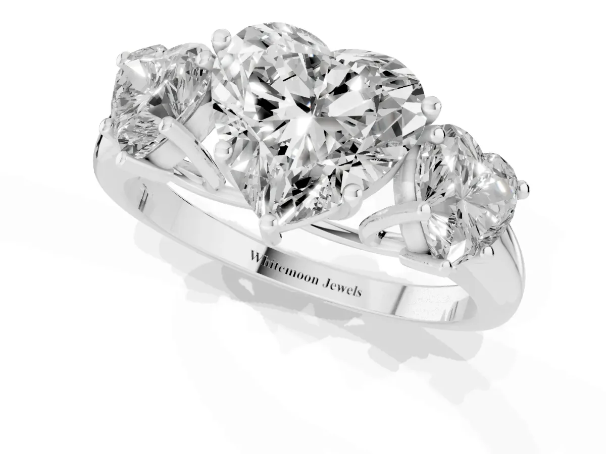 Three-Stone Heart Cut Diamond Engagement Ring with Prong Setting Platinum
