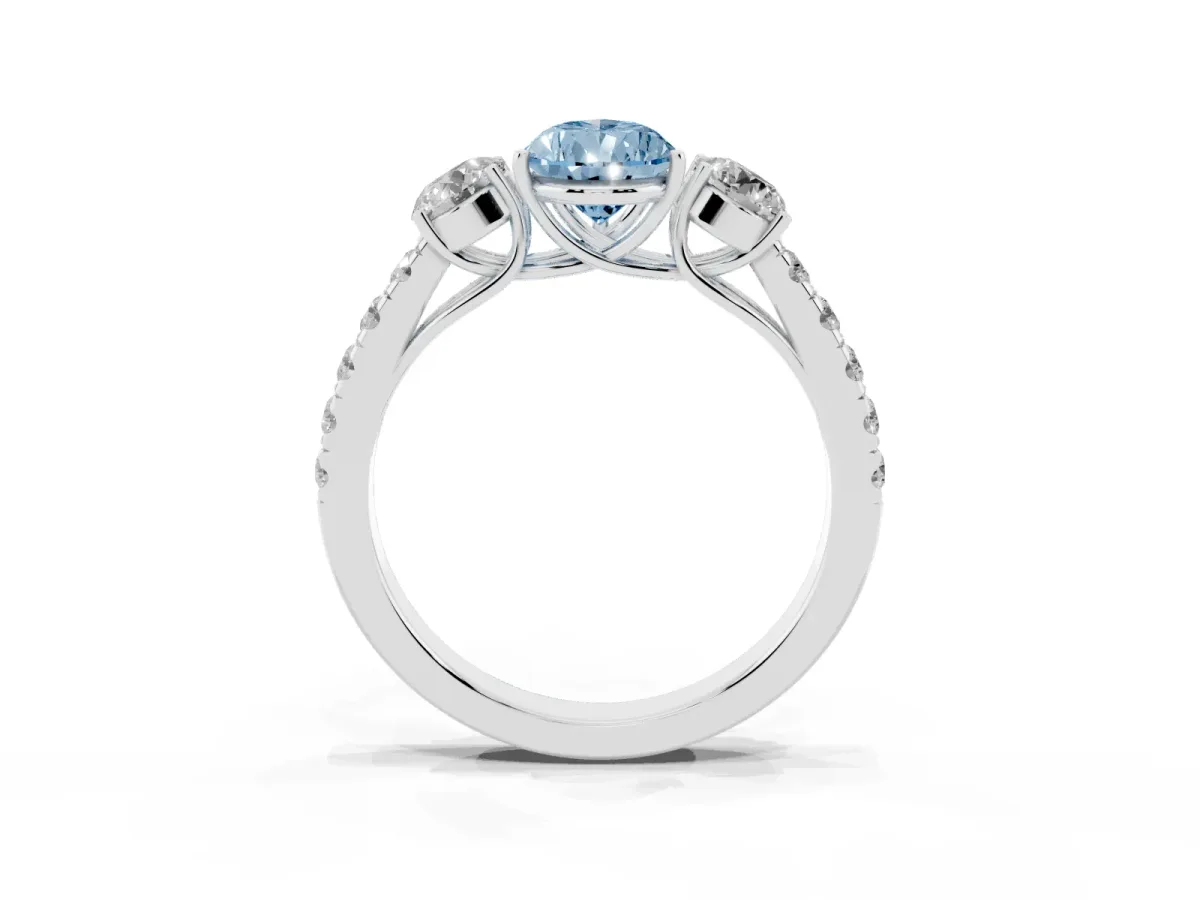 Fancy Blue Pear Cut Cut Diamond Three-Stone Ring with Round Side Stones and Pavé Band Silver