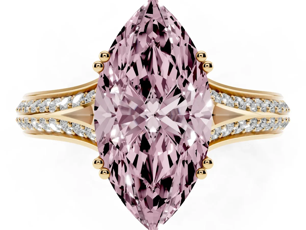Fancy Pink Marquise Cut Diamond Split Shank Engagement Ring with Pavé Band Yellow gold