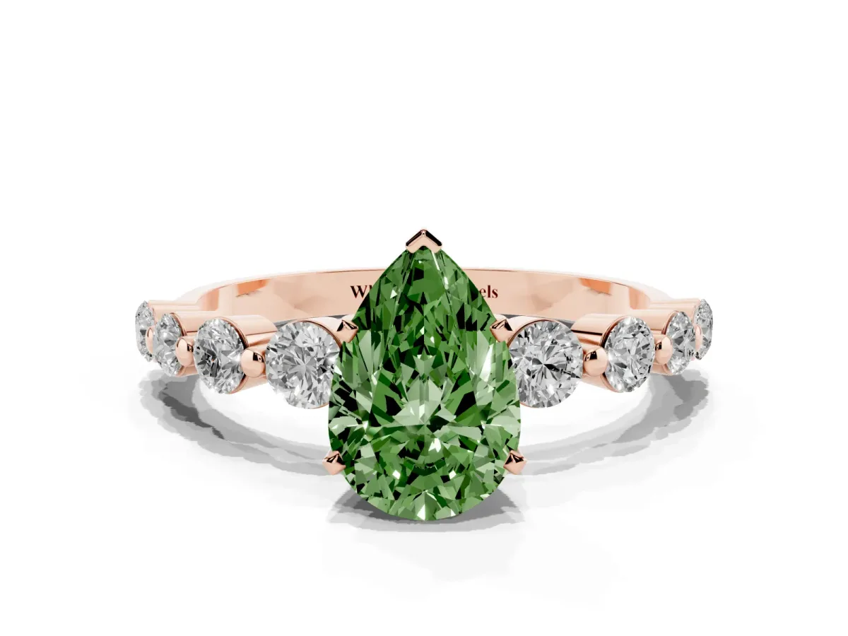 Fancy Green Pear Cut Solitaire Diamond Ring with Pave Band and Four-Prong Setting Rose gold