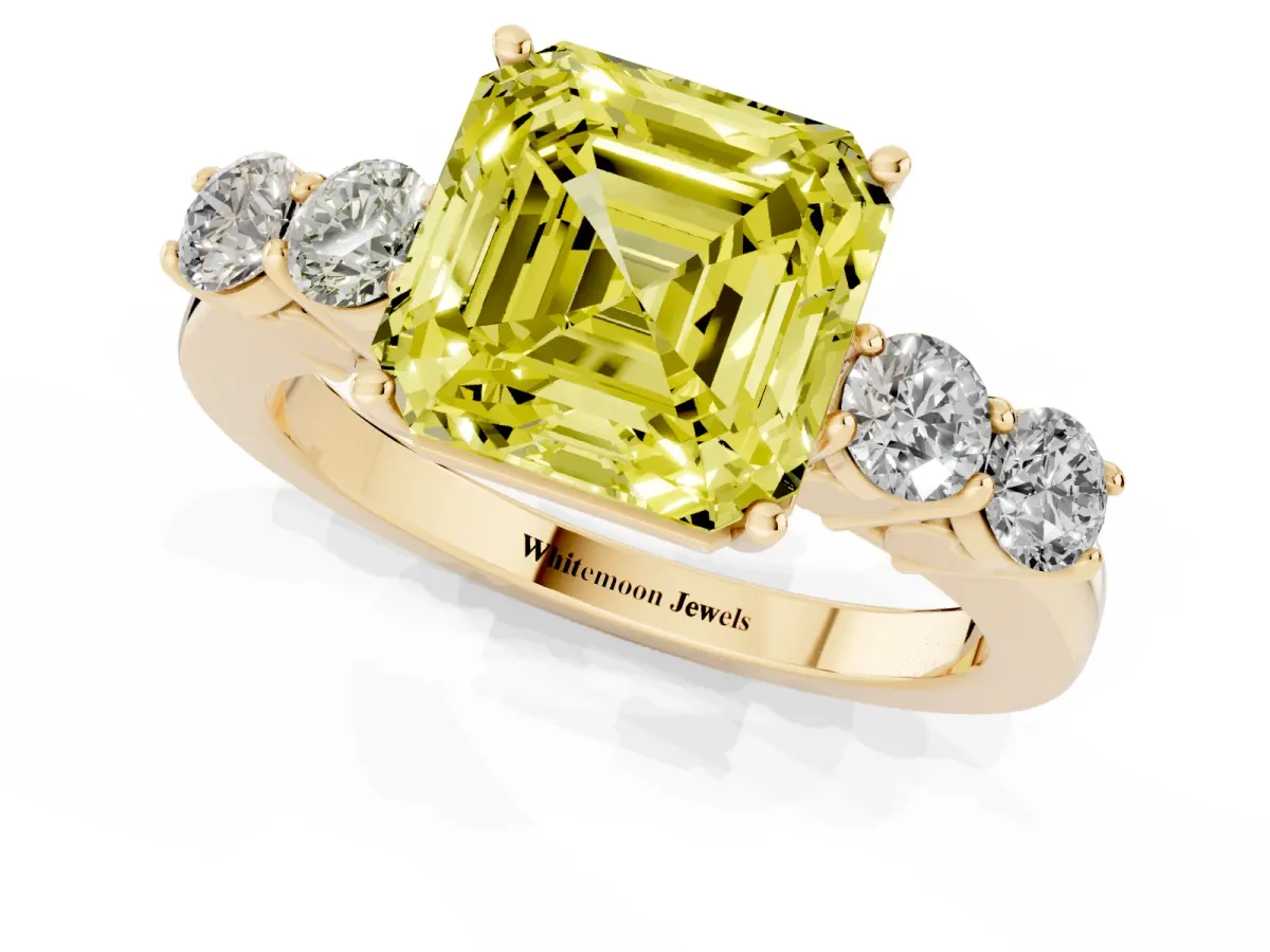 Fancy Yellow Asscher Cut Cut Diamond Five-Stone Prong Set White Gold Ring Yellow gold