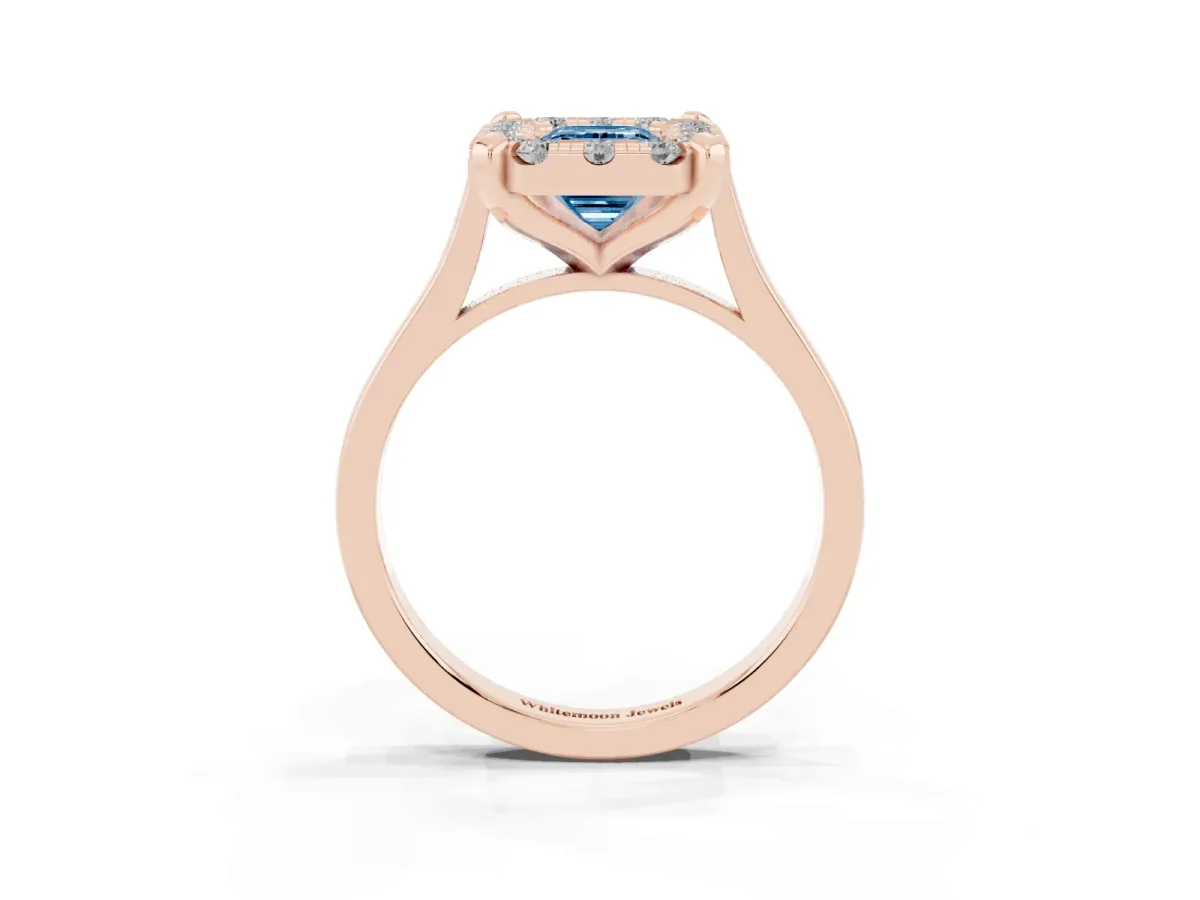 Fancy Blue Emerald Cut Diamond Cluster Halo Solitaire with Four-Prong Setting Rose gold