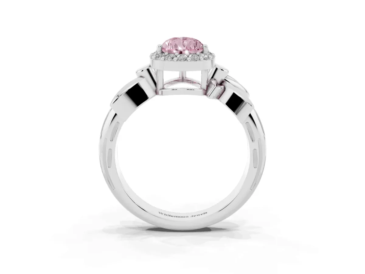 Fancy Pink Pear Cut Halo Diamond Floral Band with Four-Prong Setting White gold