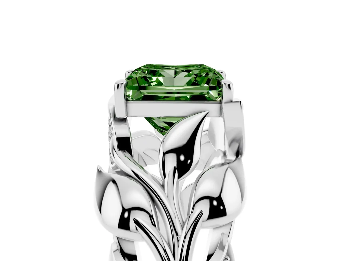 Fancy Green Princess Cut Diamond Leaf-Inspired Engagement Ring with Round Accents and Prong Setting White gold