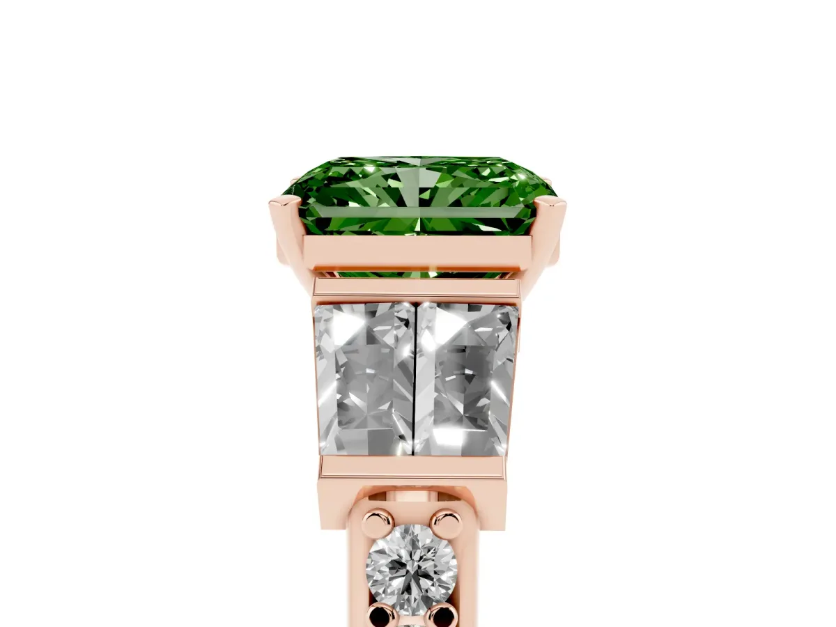 Fancy Green Radiant Cut Diamond Engagement Ring with Baguette Side Stones and Channel Set Band Rose gold