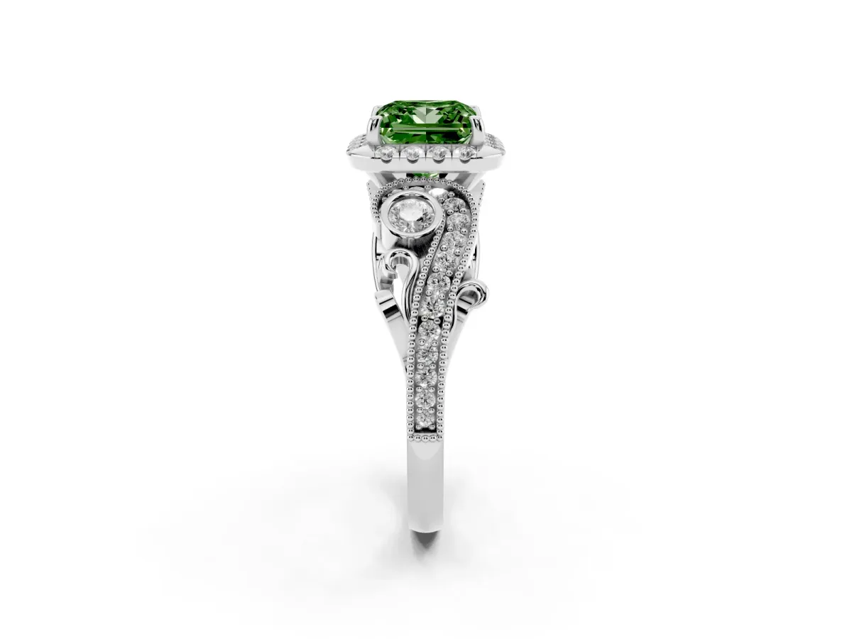 Fancy Green Princess Cut Diamond Halo Ring with Milgrain Pavé Band and Four-Prong Setting Silver