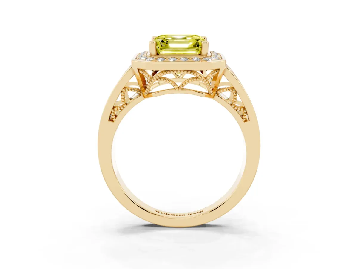 Fancy Yellow Asscher Cut Diamond Halo Ring with Split Shank and Bezel Accents and Prong Setting Yellow gold
