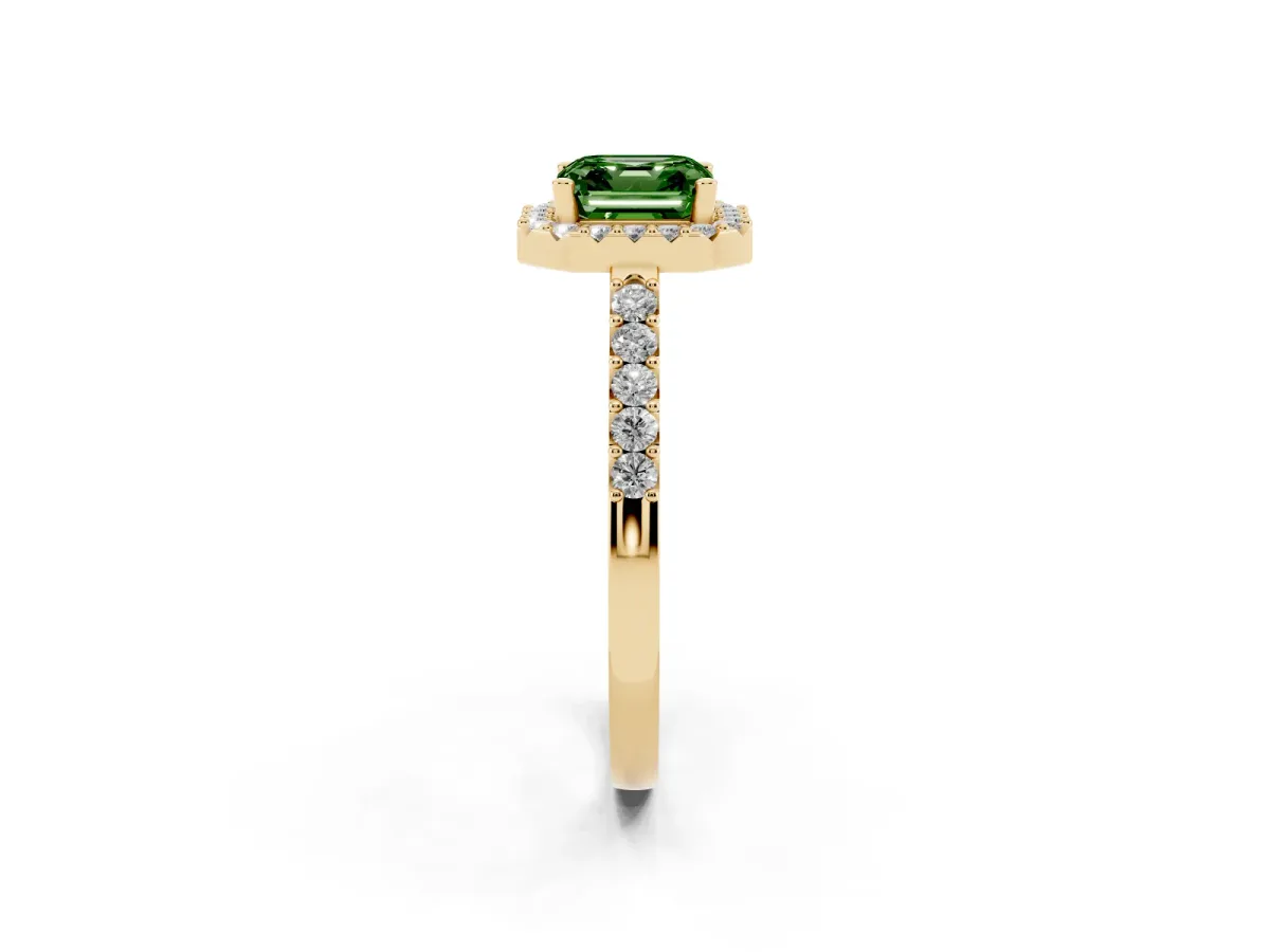 Fancy Green Asscher Cut Halo Diamond Pavé Solitaire Ring Yellow gold