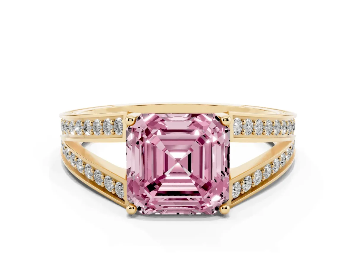 Fancy Pink Asscher Cut Diamond Split Shank Ring with Pavé Band and Four-Prong Setting Yellow gold