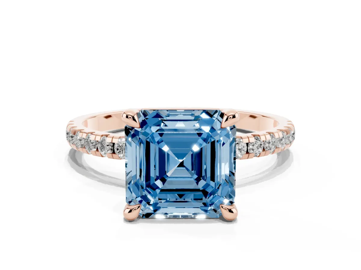 Fancy Blue Asscher Cut Diamond Brilliant Solitaire Ring with Pavé Band and Four-Prong Setting Rose gold