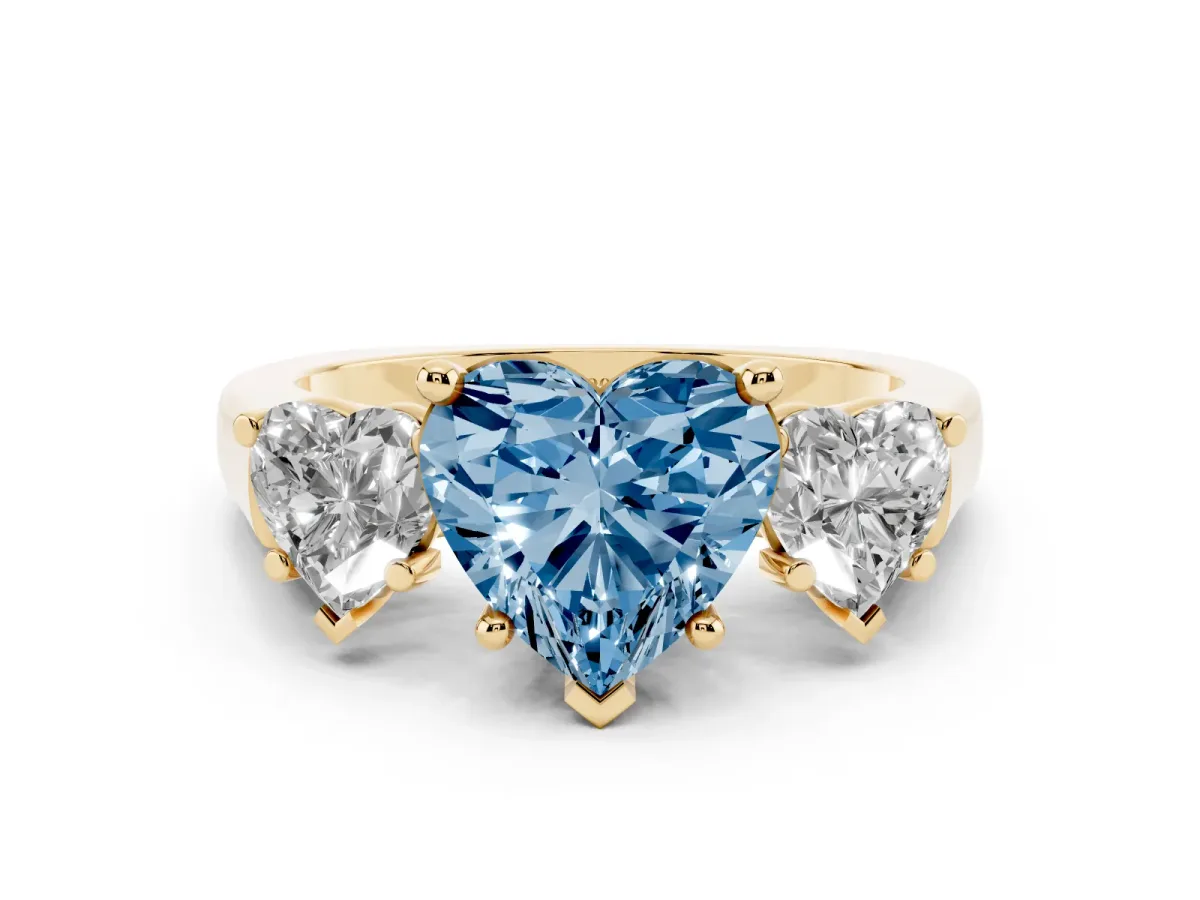 Fancy Blue Three-Stone Heart Cut Brilliant Diamond Trellis Ring with Comfort Fit Band Yellow gold