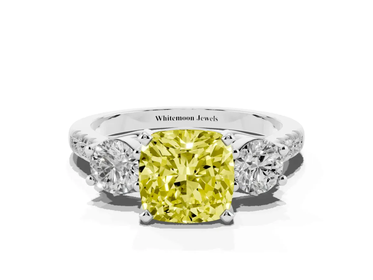 Fancy Yellow Three-Stone Cushion Cut Diamond Pavé Band with Four-Prong Setting Silver
