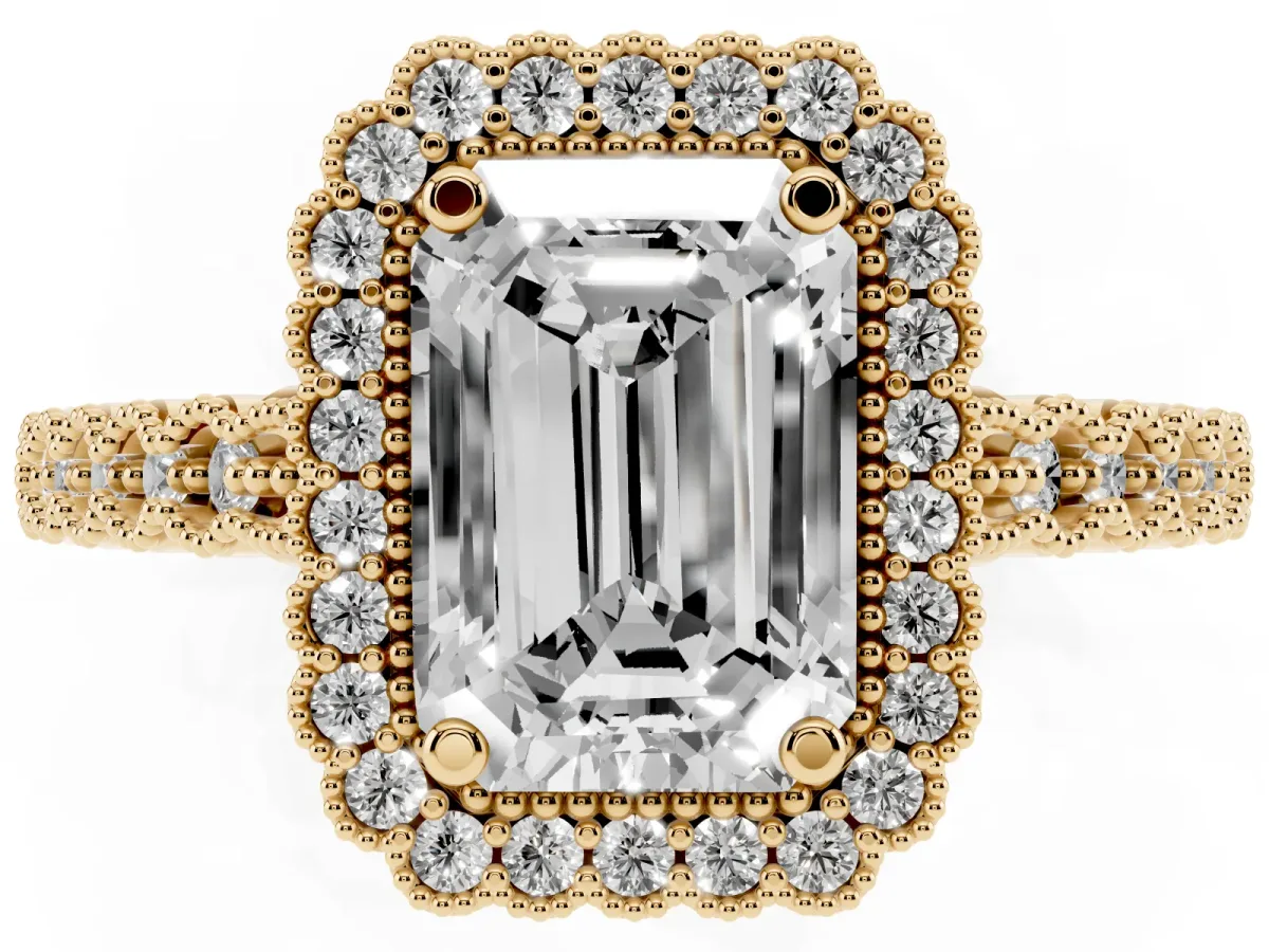 Emerald Cut Cut Halo Pavé Solitaire Ring with Milgrain Band Yellow gold