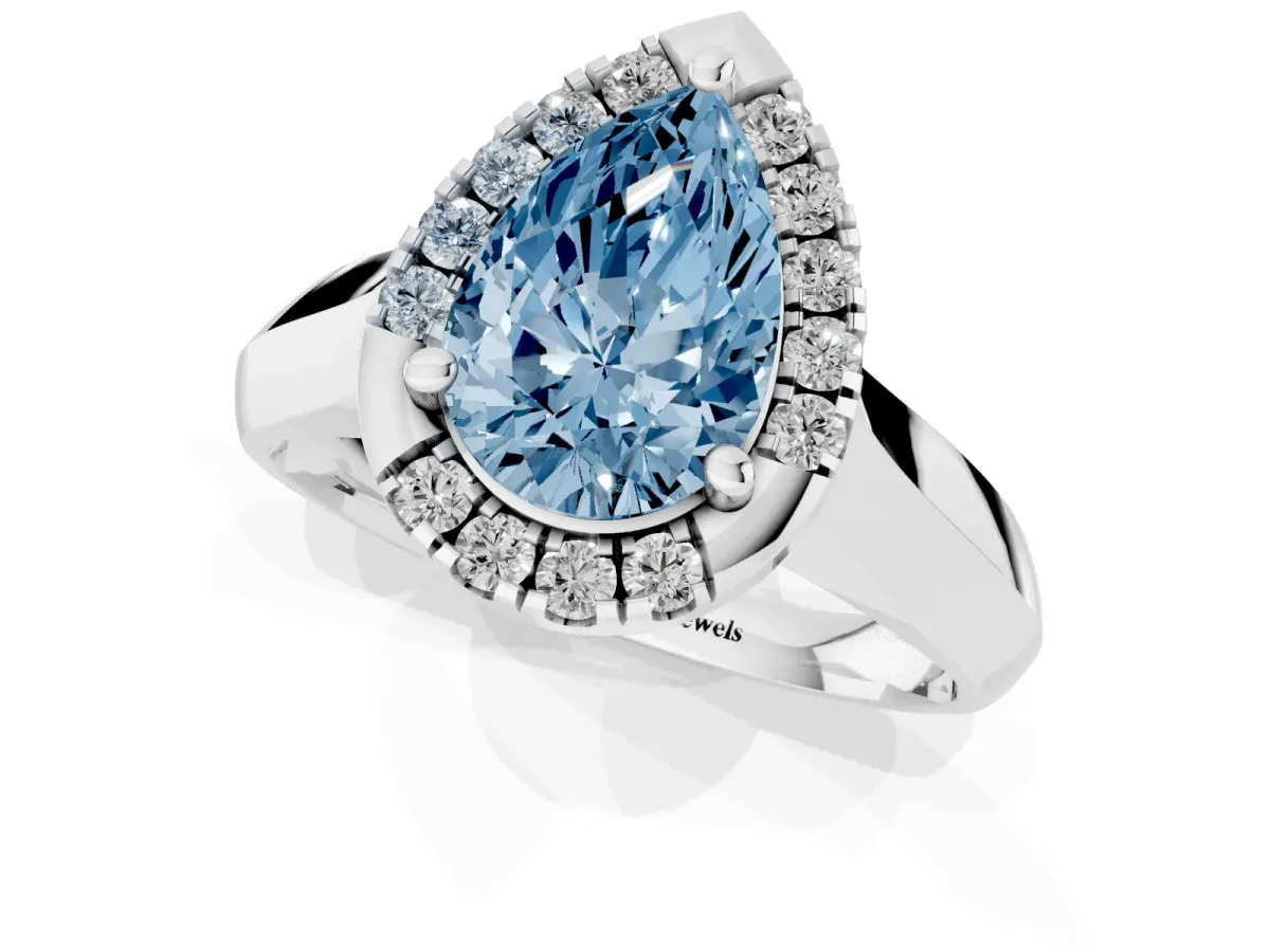 Fancy Blue Pear Cut Cut Halo Solitaire Engagement Ring with Square Band and Four-Prong Setting Platinum