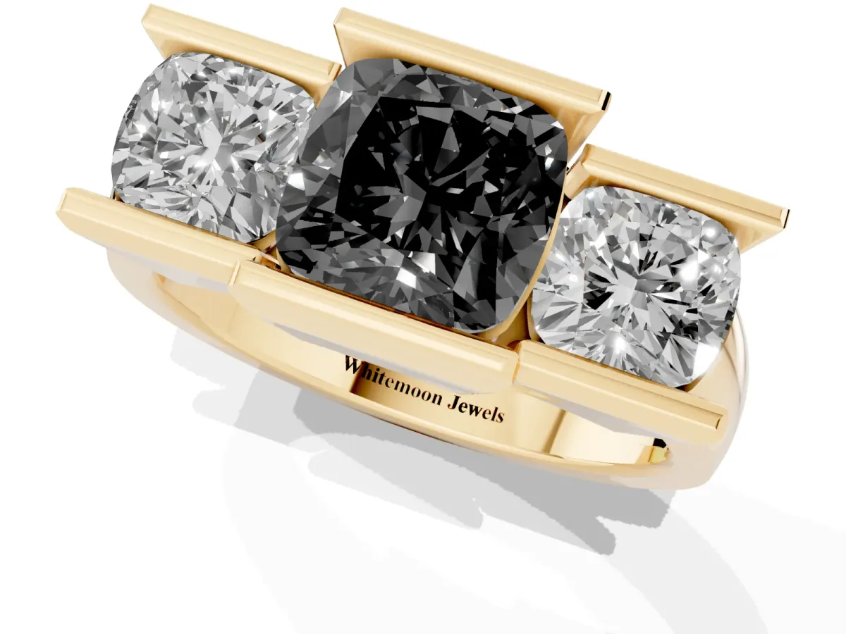 Fancy Black Three Stone Cushion Cut Cut Channel Set Diamond Ring Yellow gold
