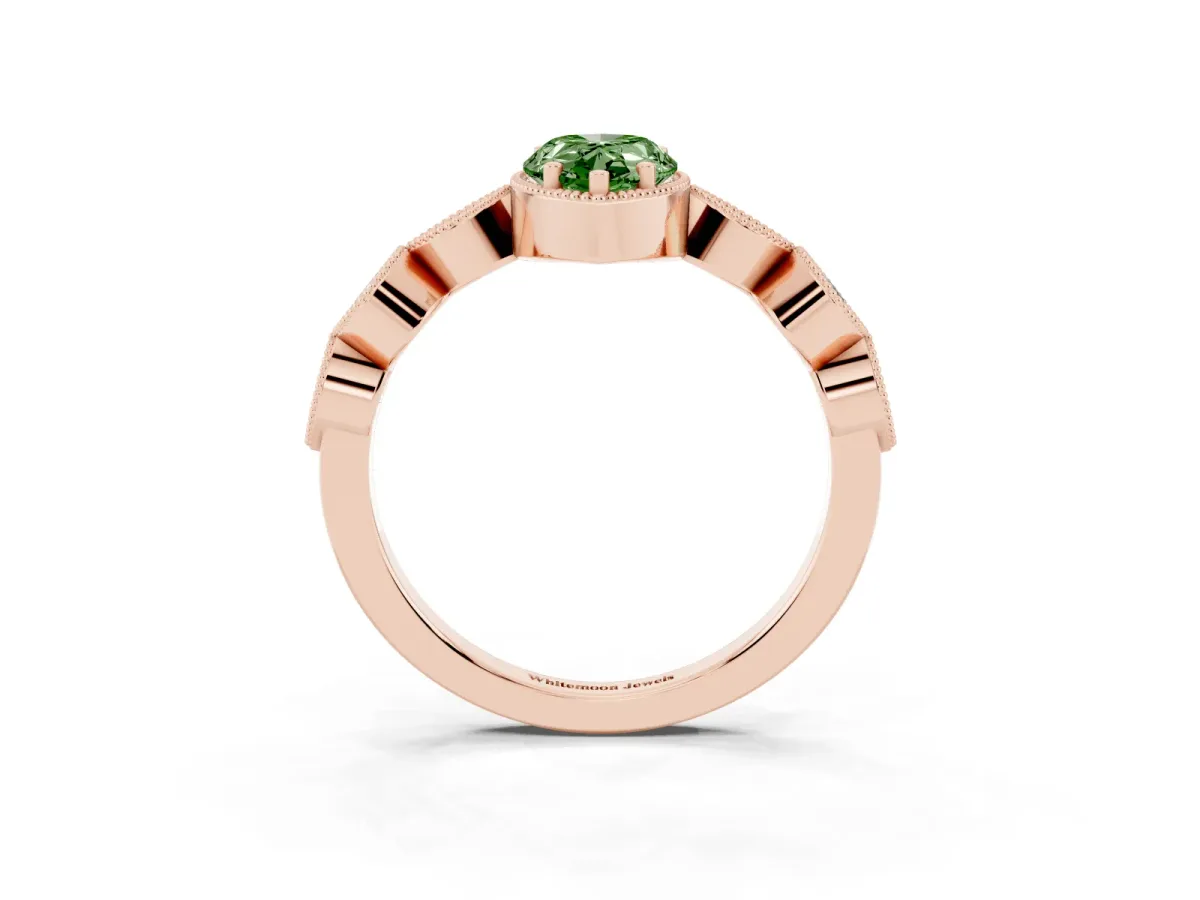 Fancy Green Pear Cut Diamond Vintage Milgrain Ring with Round Stations Rose gold